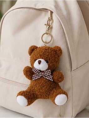 Charm🔑👜Teddy Bear Plush Bag Charm & Keychain | Brown Gingham Bow | 5” NWT 🧸✨